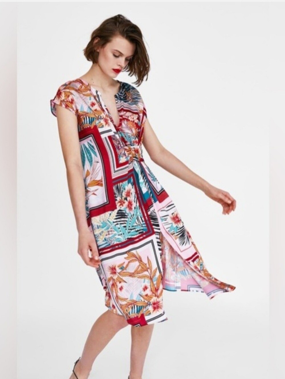 ZARA Satin-Effect Tropical Scarf Print Midi Dress Size M NWT - Picture 3 of 10